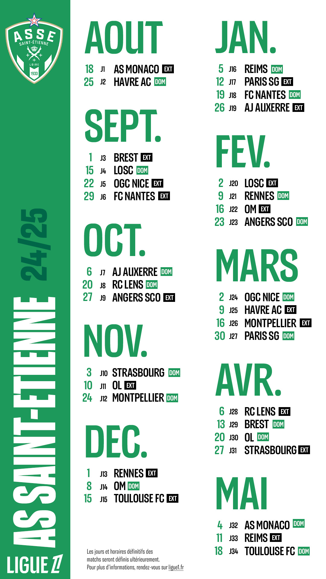 Voici le calendrier complet de l’AS SaintÉtienne pour la saison 20242025 de Ligue 1 Tonic